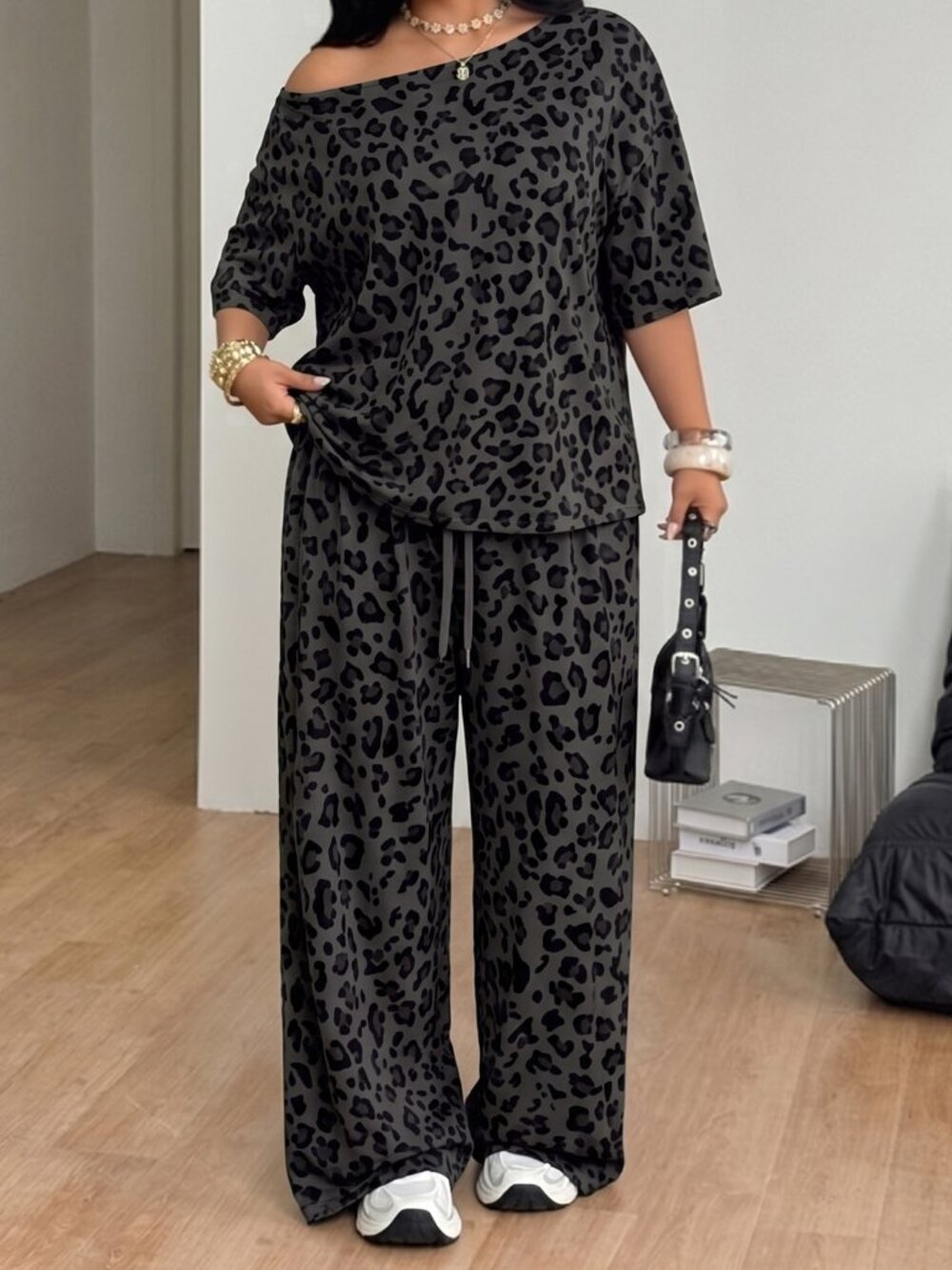 Dark Grey Casual Women's Off Shoulder T-Shirt And Wide Leg Sweatpants